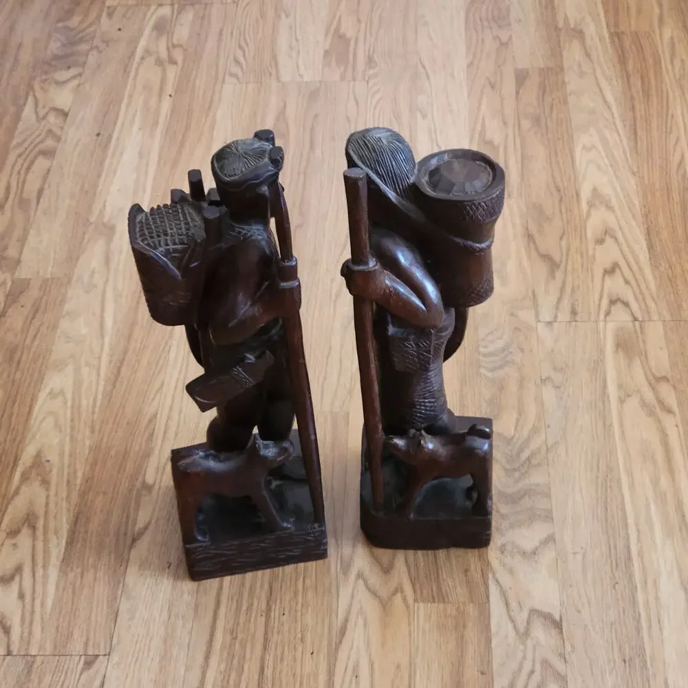 Vintage Latin American Carved Wood Book ends Statues Men and Women with dog